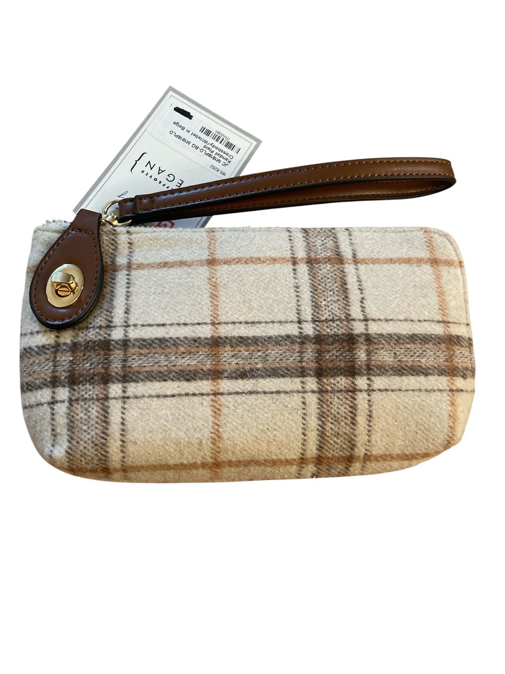 NWT Jen & Co Plaid Wristlet Clutch Crossbody Bag Vegan Neutral Brown Beige